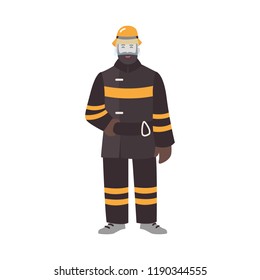 Firefighter, fireman or rescuer wearing fireproof protective clothes or uniform and helmet. Funny male cartoon character isolated on white background. Colorful vector illustration in flat style.