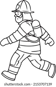 Firefighter or fireman is running. Coloring book