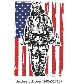 Firefighter in Fireman Suit with America Distressed Flag Background