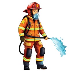 Firefighter In Fireman Suit With Full Equipment And Accessories To Extinguishing Fire Burn In Vector Cartoon Style On White Background