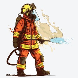 Firefighter In Fireman Suit With Full Equipment And Accessories To Extinguishing Fire Burn In Vector Cartoon Style On White Background