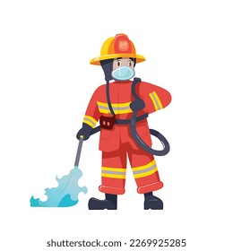 Firefighter in Fireman Suit with Full Equipment and Accessories to Extinguishing Fire Burn in Vector Cartoon Style on White Background