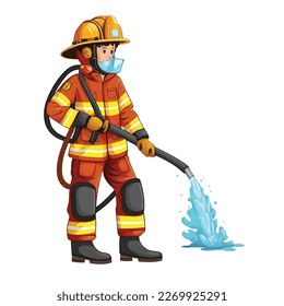 Bombero en traje de bombero con equipo completo y accesorios para extinguir incendio en forma de caricatura vectorial en fondo blanco