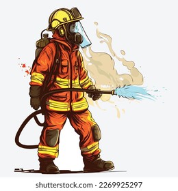 Firefighter in Fireman Suit with Full Equipment and Accessories to Extinguishing Fire Burn in Vector Cartoon Style on White Background