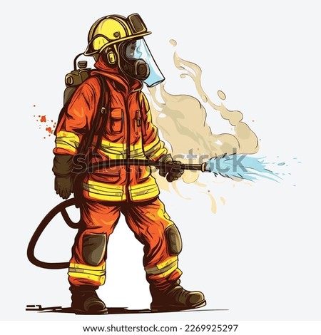 Firefighter in Fireman Suit with Full Equipment and Accessories to Extinguishing Fire Burn in Vector Cartoon Style on White Background Stock foto © 