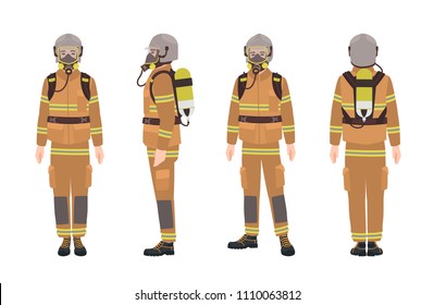 Firefighter or fireman wearing protective gear or uniform, helmet, breathing apparatus and air cylinder. Male cartoon character isolated on white background. Colorful flat vector illustration