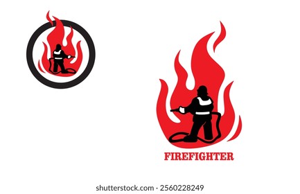 firefighter and flames logo, silhouette of great firefighter in actions vector illustrations