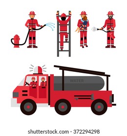 Firefighter Flat Color Icons Set On White Background With Firetruck And Fireman Brigade Isolated Vector Illustration  