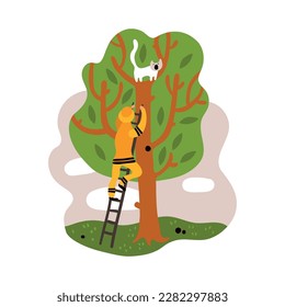 Firefighter flat composition with fireman saving cat from tall tree vector illustration