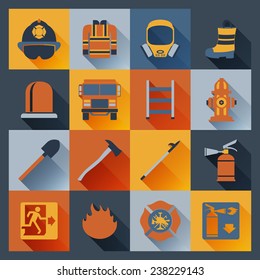 Firefighter flat icons set with badge ladder hat alarm equipment isolated vector illustration