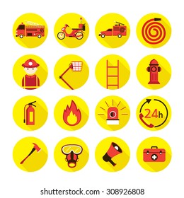 Firefighter Flat Icons Set, Emergency, Equipment and Vehicle