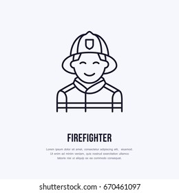 Firefighter flat line sign. Flame protection thin linear icon, pictogram.