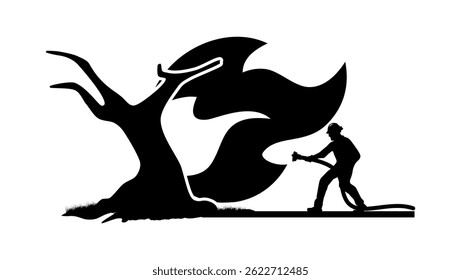 firefighter in forest, black isolated silhouette