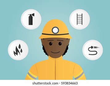 Firefighter and four icons. Vector cartoon illustration.