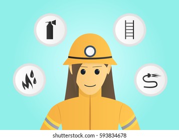 Firefighter and four icons. Vector cartoon illustration.