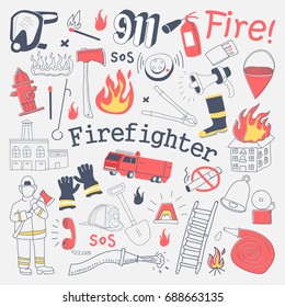 Firefighter Freehand Doodle. Fireman with extinguisher and Equipment Hand Drawn Elements Set. Vector illustration