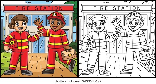 Firefighter Friend Coloring Colored Illustration