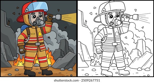 Firefighter Full Gear Coloring Page Illustration