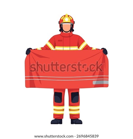 Firefighter in full gear holding a large red cloth or tarp.
