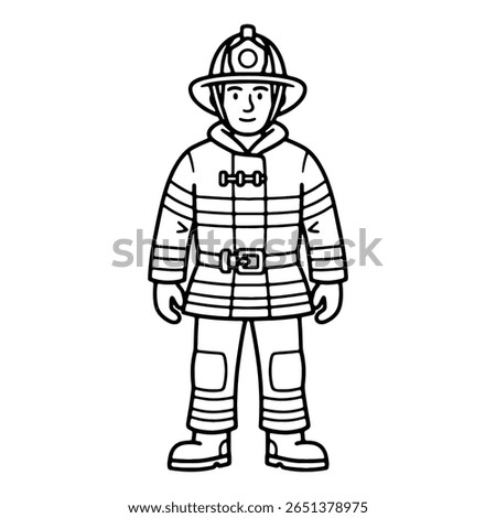 A firefighter in full uniform coloring page. Black and white line art illustration of a community hero. Educational and fun printable activity sheet for children.