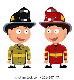 Firefighter. Funny, smiling . Red or black helmet. Jacket. Vector isolated illustration on white background.