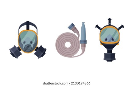 Máscara de gas para bomberos y mangueras de incendios como conjunto de vectores de equipo para extinción de incendios