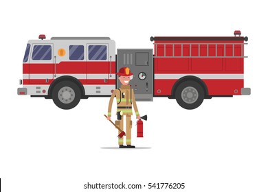 Firefighter in gear with an ax and a fire extinguisher standing in front of fire engine