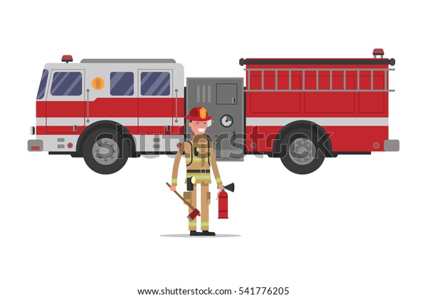 Firefighter in gear with an ax and a fire\
extinguisher standing in front of fire\
engine