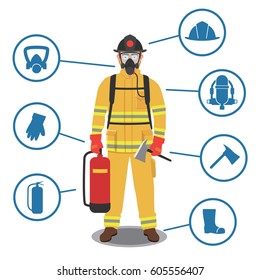 Firefighter gear, equipment and tools with fully protective suit.