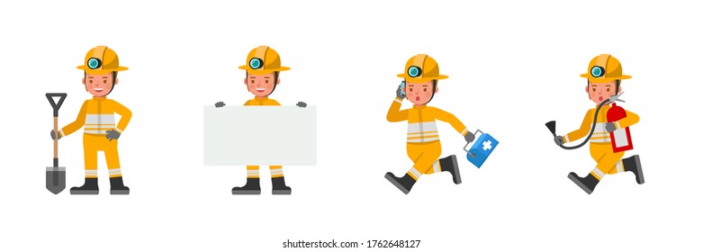 Firefighter girl kid character vector design. Presentation in various action with emotions.