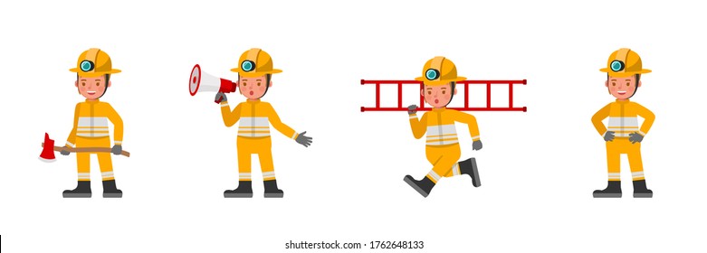 Firefighter girl kid character vector design. Presentation in various action with emotions.