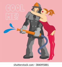Firefighter and girl in red. Simple vector.