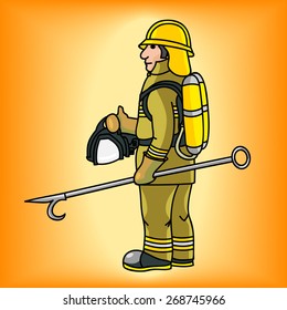 Firefighter in green uniform keep fire gaff and oxygen cylinders. Editable vector illustration. 