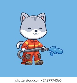 Firefighter Grey Cat Cute Cartoon Illustration
