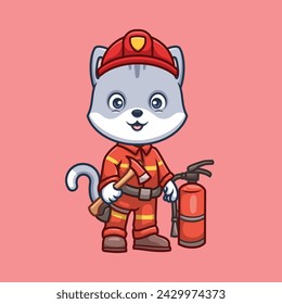 Firefighter Grey Cat Cute Cartoon Illustration