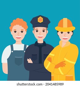 firefighter, handyman and police man illustration