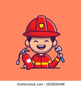 Firefighter With Harchet Axe And Fire Extinguisher Cartoon Vector Icon Illustration. People Profession Icon Concept Isolated Premium Vector. Flat Cartoon Style