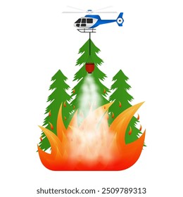 Helicóptero de bomberos volando para extinguir el incendio forestal. Incendio forestal. Bosque en llamas. Ilustración vectorial. 