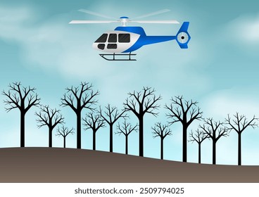 Firefighter Helicopter flying over Forest Fire. Wildfire. Burning Forest. Vector Illustration. 