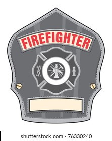 Firefighter Helmet Badge is an illustration of a black leather firefighter helmet or fireman hat badge with cross and firefighter tools.