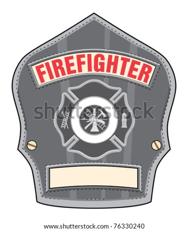 Firefighter Helmet Badge is an illustration of a black leather firefighter helmet or fireman hat badge with cross and firefighter tools.