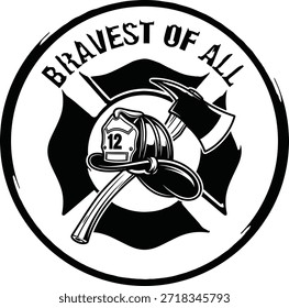 Feuerwehrhelm tapferste aller Vektorgrafik Rettungsdienst Typografie Feuerwehrmann Axt Konzept einzeln schwarz auf transparentem Abzeichen für Notdienst und Heldensymbol
