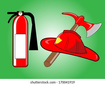 Firefighter helmet with crossed axe and Fire extinguisher on green background. Vector illustration.