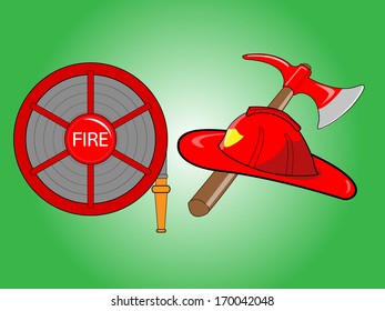 Firefighter helmet with crossed axe and Fire hose reel vector illustration on green background
