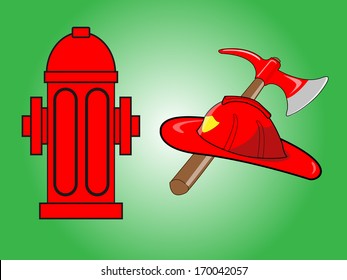 Firefighter helmet with crossed axe and Red fire hydrant isolated on green background