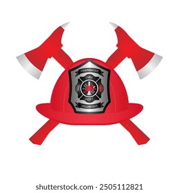 Firefighter Helmet with Fire Axe. Fireman Hat. Vector Illustration Isolated on White Background. 