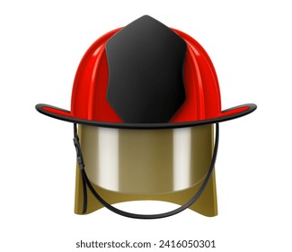 Feuerwehrhelm oder Feuerwehrhut einzeln auf weißem Hintergrund. Realistische 3D-Vektorgrafik einzeln auf weißem Hintergrund. Feuerwehrausrüstung, roter Helm für Schutz und Sicherheit