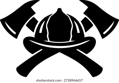Firefighter helmet flanked by crossed axes symbolizing rescue and protection