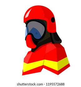 Firefighter in a helmet, gas mask and clothing. Red with yellow stripes icon vector Avatar