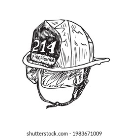 Firefighter helmet,  gravure style ink drawing illustration isolated on white